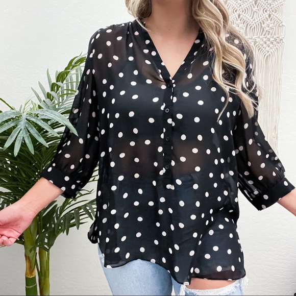 LC Lauren Conrad Tops - Lauren Conrad Polka Dot Sheer Black Blouse XL